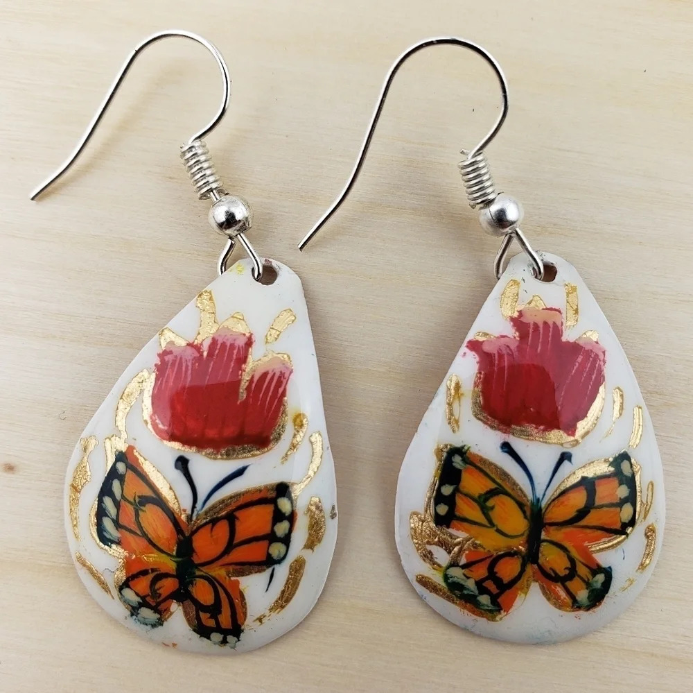 HANDMADE Dangle Earrings Mexican Copper Hand Painted White Butterfly Earrings